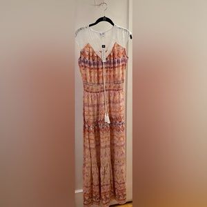 NWT Luxology Orange Aztec Print Crochet Trim Women’s Tiered Peasant Dres…
